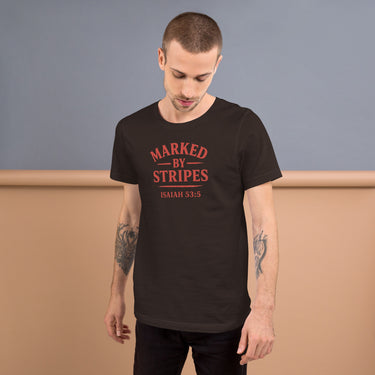 Man wearing brown Marked by Stripes t-shirt – red gospel logo on front